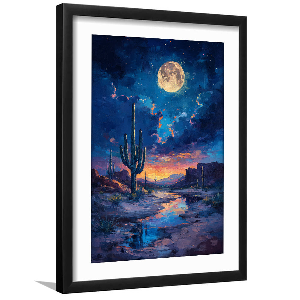 Cactus and Moon Night Painting, Framed Picture Print, Framed Art Prints White Border Wall Decor