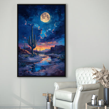 Cactus and Moon Night Painting, Floating Framed Canvas Art Print,, Framed Canvas Prints Wall Art