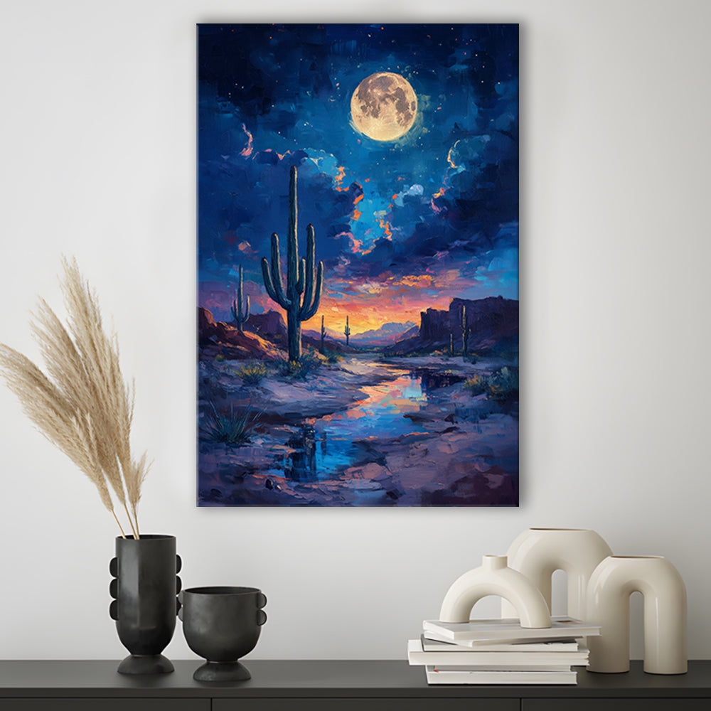 Cactus and Moon Night Painting, Canvas Art Print Decor, Painting Art, Canvas Prints Wall Art