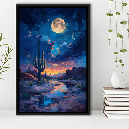Cactus and Moon Night Painting, Floating Framed Canvas Art Print,, Framed Canvas Prints Wall Art