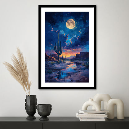 Cactus and Moon Night Painting, Framed Picture Print, Framed Art Prints White Border Wall Decor