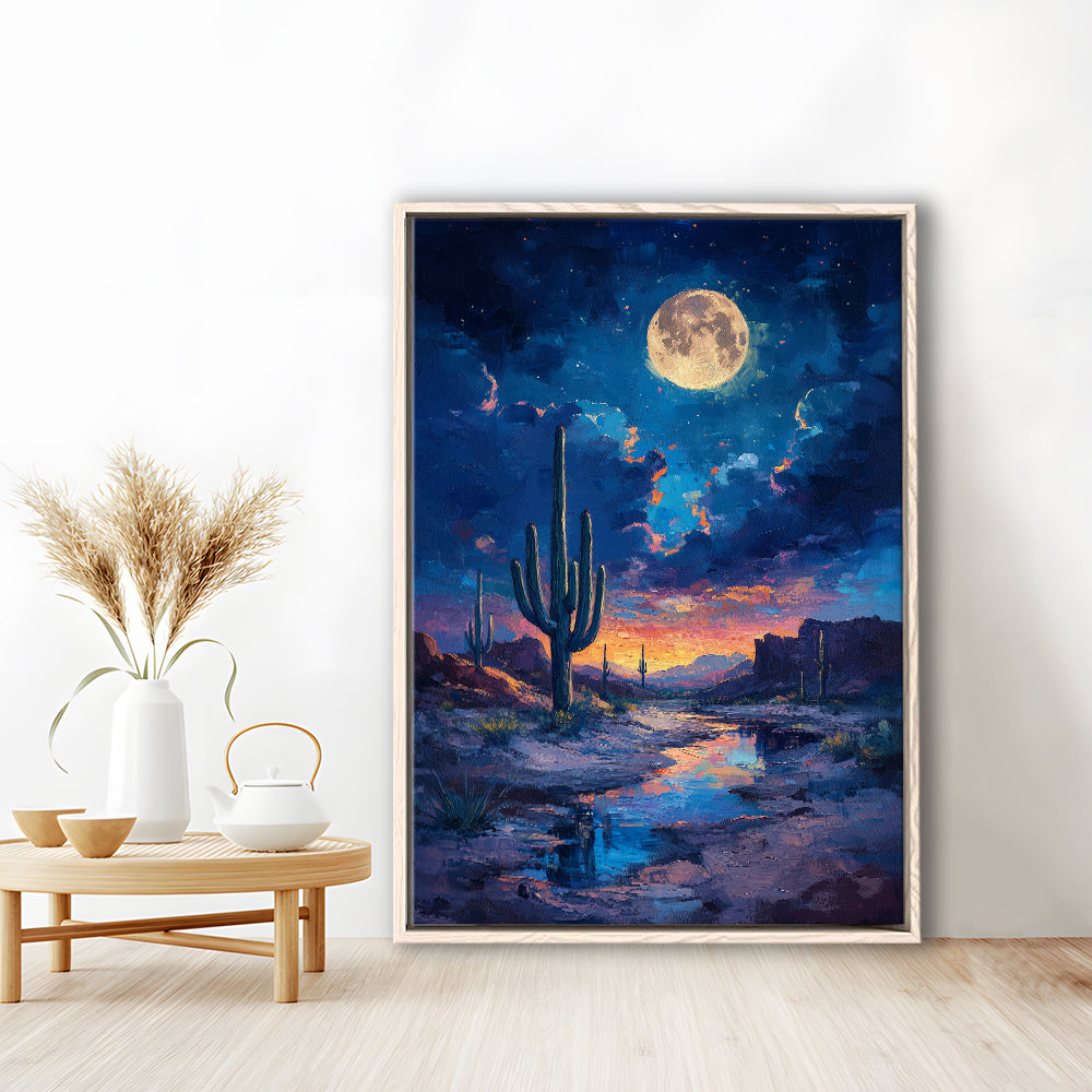 Cactus and Moon Night Painting, Floating Framed Canvas Art Print,, Framed Canvas Prints Wall Art