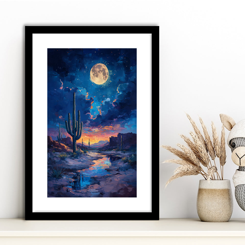 Cactus and Moon Night Painting, Framed Picture Print, Framed Art Prints White Border Wall Decor