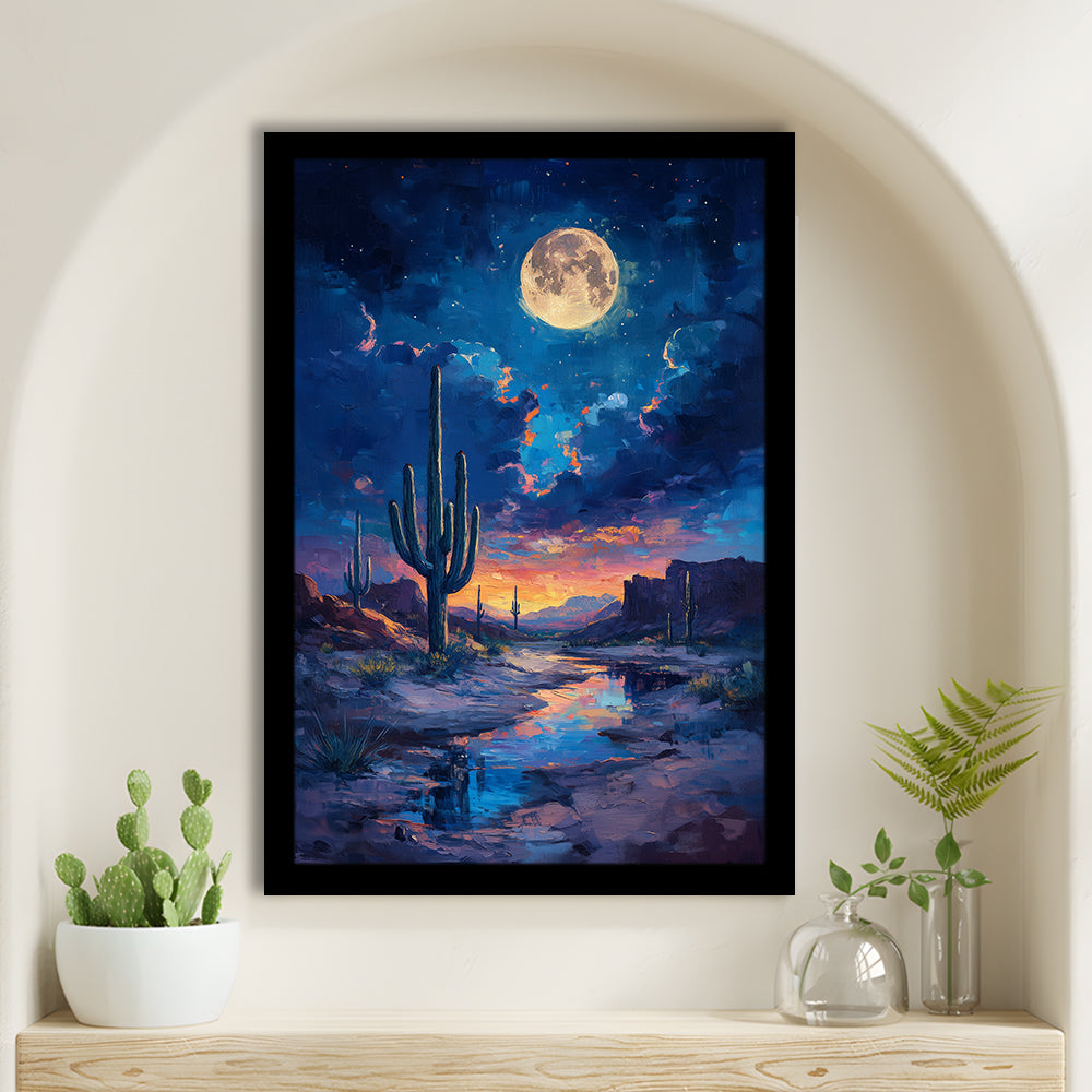 Cactus and Moon Night Painting, Framed Picture Print,, Framed Art Prints Wall Decor