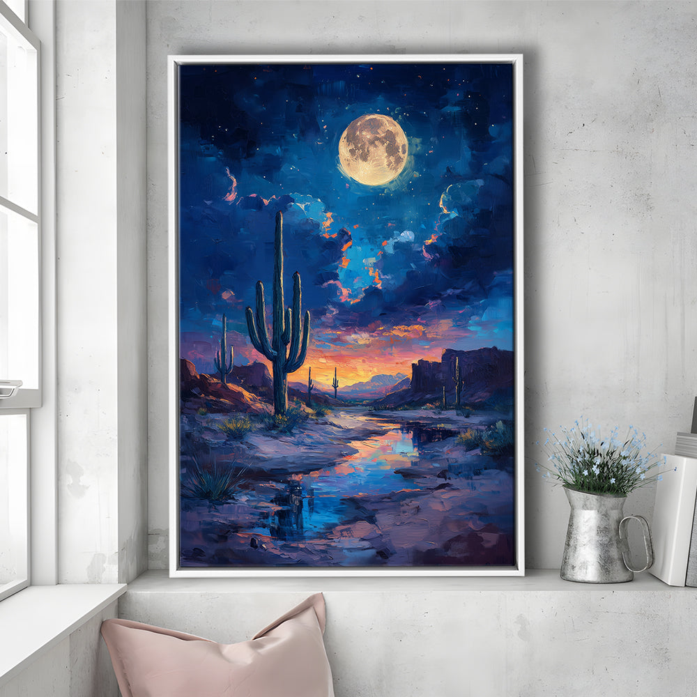 Cactus and Moon Night Painting, Floating Framed Canvas Art Print,, Framed Canvas Prints Wall Art