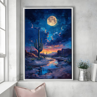 Cactus and Moon Night Painting, Floating Framed Canvas Art Print,, Framed Canvas Prints Wall Art