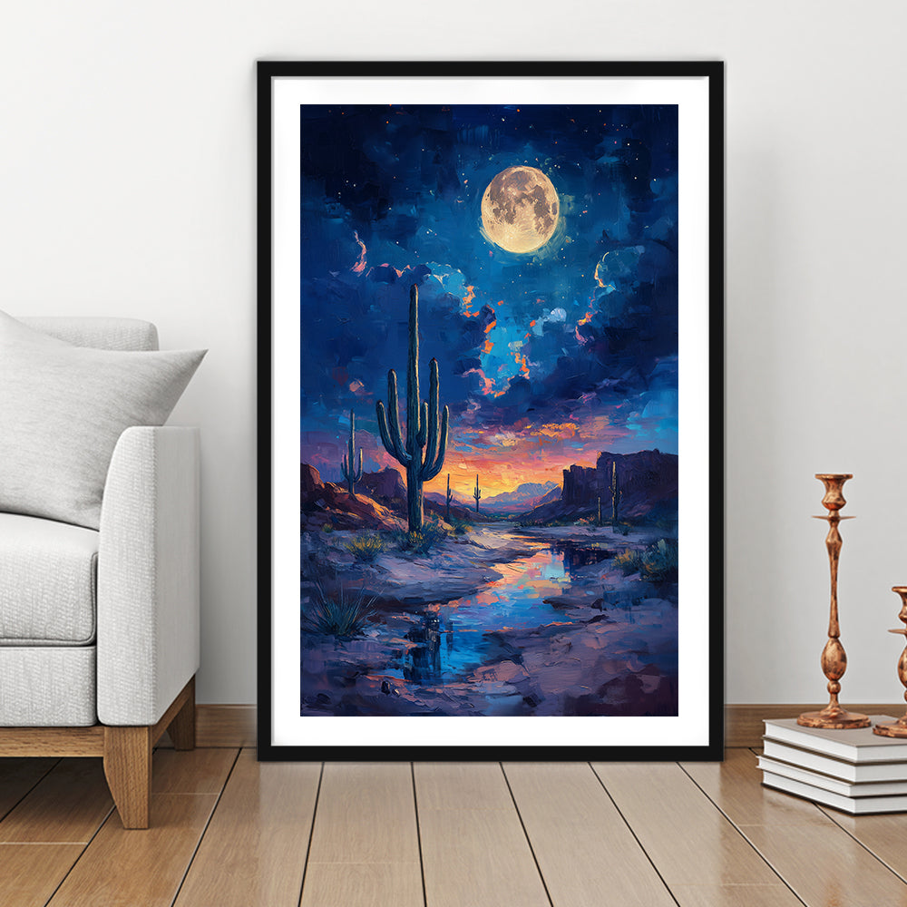 Cactus and Moon Night Painting, Framed Picture Print, Framed Art Prints White Border Wall Decor