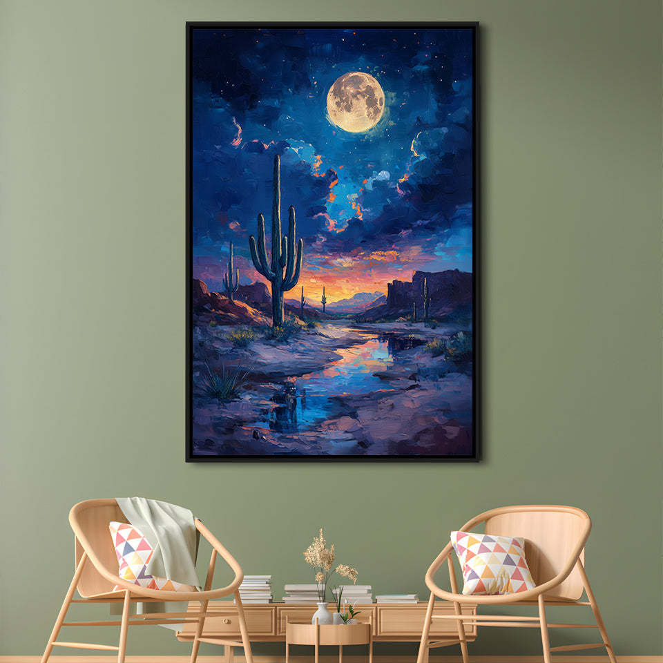 Cactus and Moon Night Painting, Floating Framed Canvas Art Print,, Framed Canvas Prints Wall Art