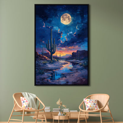 Cactus and Moon Night Painting, Floating Framed Canvas Art Print,, Framed Canvas Prints Wall Art
