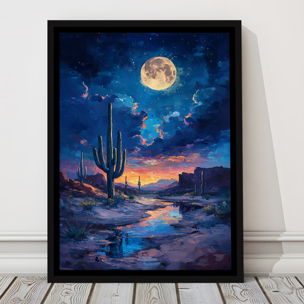 Cactus and Moon Night Painting, Floating Framed Canvas Art Print,, Framed Canvas Prints Wall Art