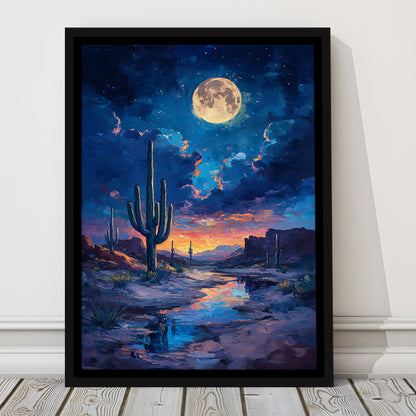 Cactus and Moon Night Painting, Floating Framed Canvas Art Print,, Framed Canvas Prints Wall Art