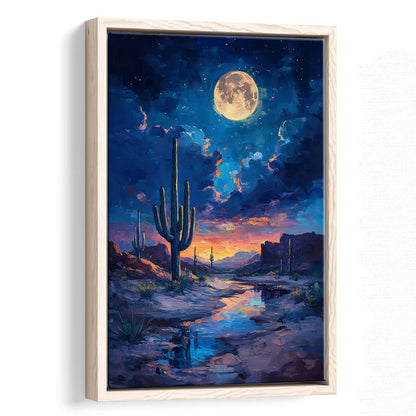 Cactus and Moon Night Painting, Floating Framed Canvas Art Print,, Framed Canvas Prints Wall Art