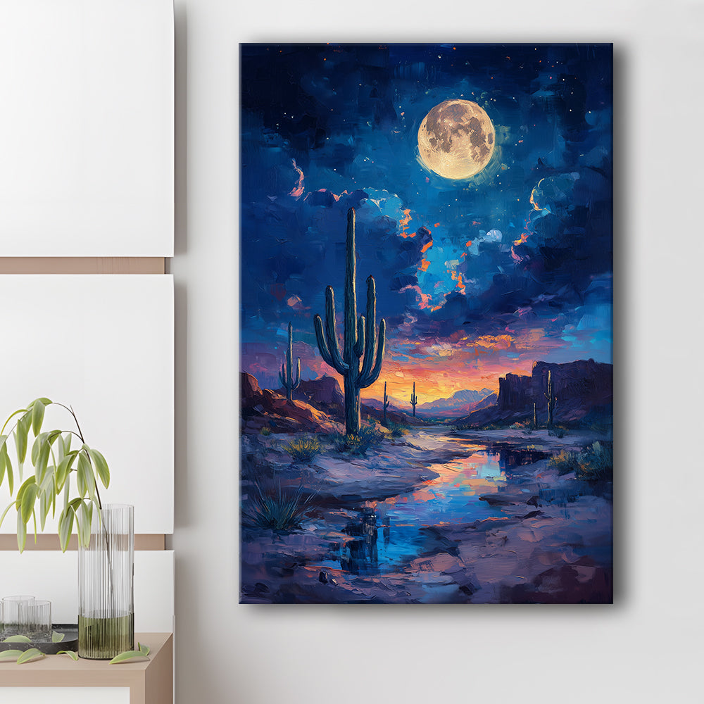 Cactus and Moon Night Painting, Canvas Art Print Decor, Painting Art, Canvas Prints Wall Art