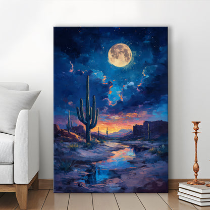 Cactus and Moon Night Painting, Canvas Art Print Decor, Painting Art, Canvas Prints Wall Art