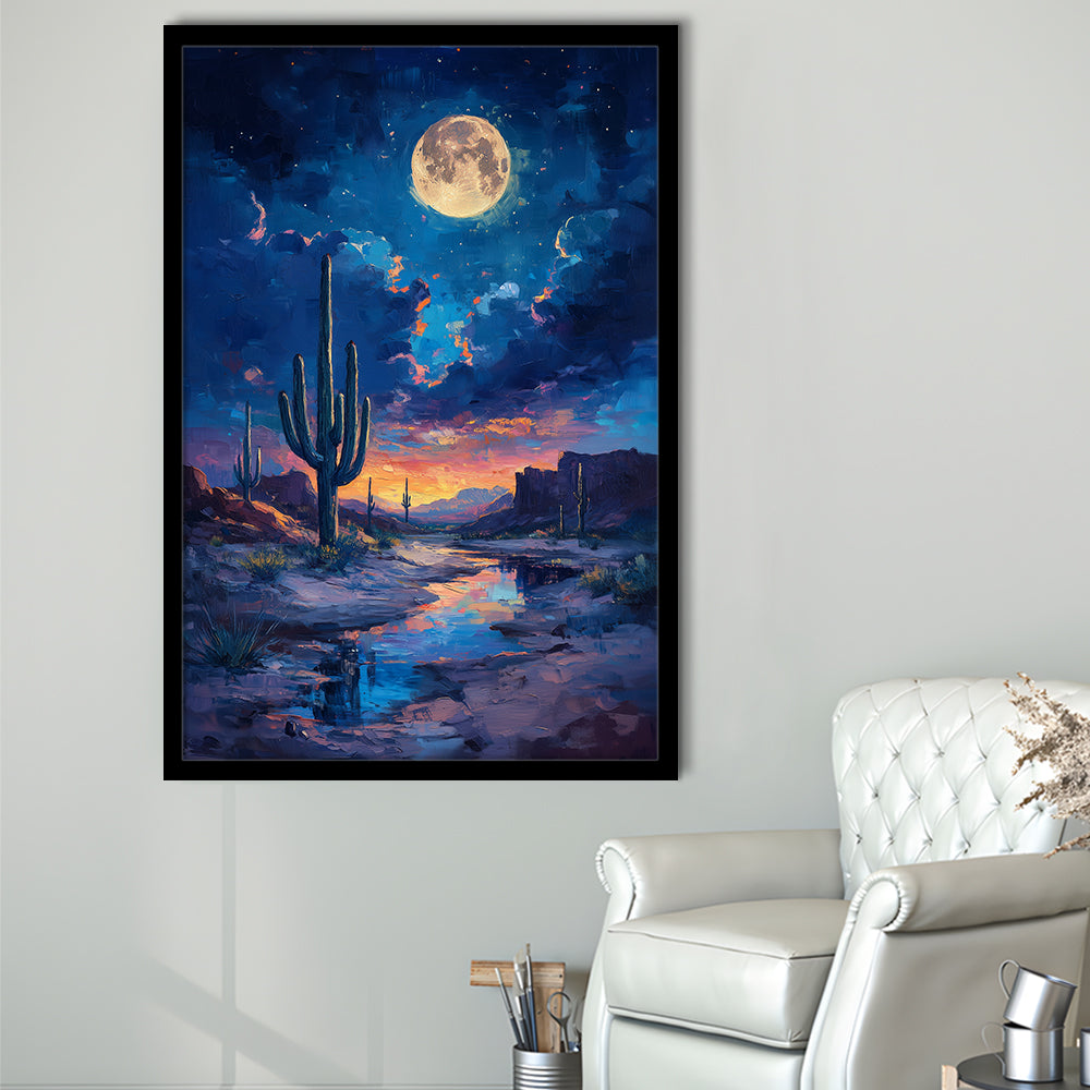 Cactus and Moon Night Painting, Framed Picture Print,, Framed Art Prints Wall Decor
