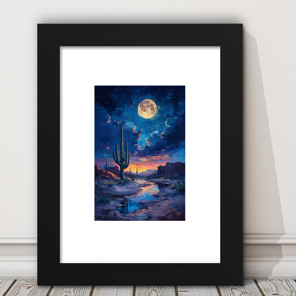 Cactus and Moon Night Painting, Framed Picture Print, Framed Art Prints White Border Wall Decor