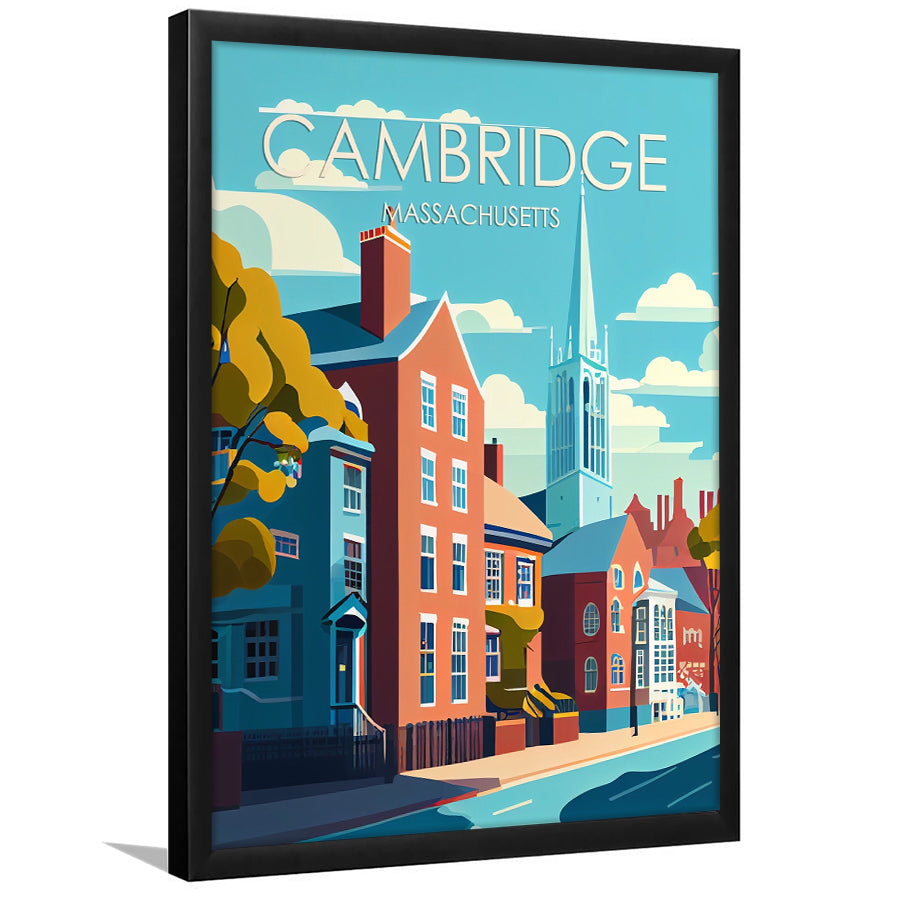 Cambridge Massachusetts Retro Art Print, Cambridge City Wall Art, Framed Art Print, Picture Framed, Painting Art