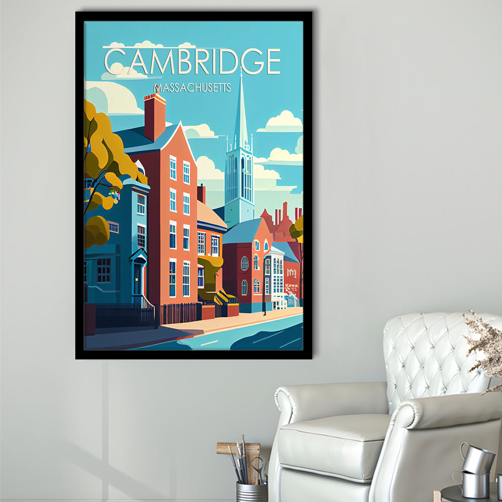 Cambridge Massachusetts Retro Art Print, Cambridge City Wall Art, Framed Art Print, Picture Framed, Painting Art