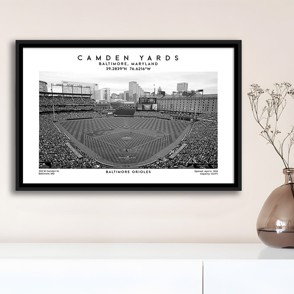 Camden Yards Stadium Black And White, Baltimore Baseball Stadium, Oriole Park Art Print, Framed Canvas Print Wall Art