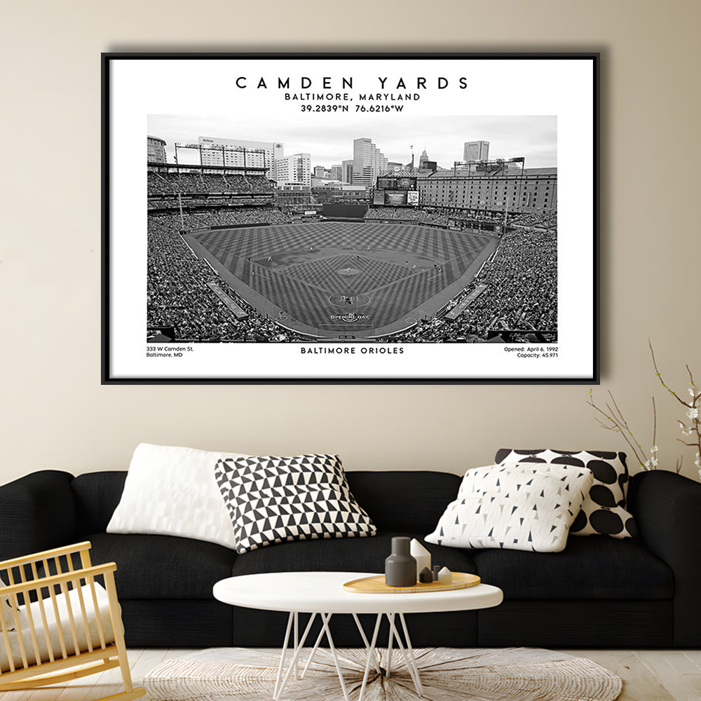 Camden Yards Stadium Black And White, Baltimore Baseball Stadium, Oriole Park Art Print, Framed Canvas Print Wall Art