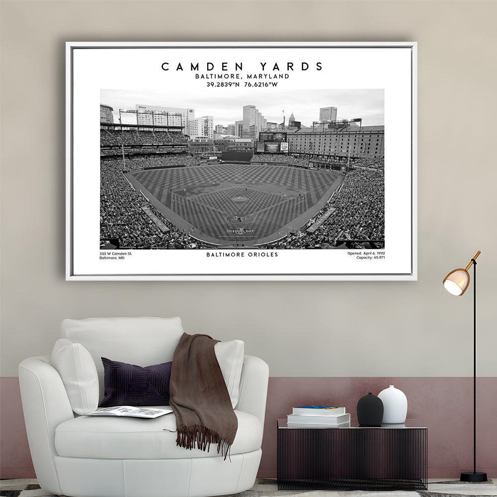 Camden Yards Stadium Black And White, Baltimore Baseball Stadium, Oriole Park Art Print, Framed Canvas Print Wall Art