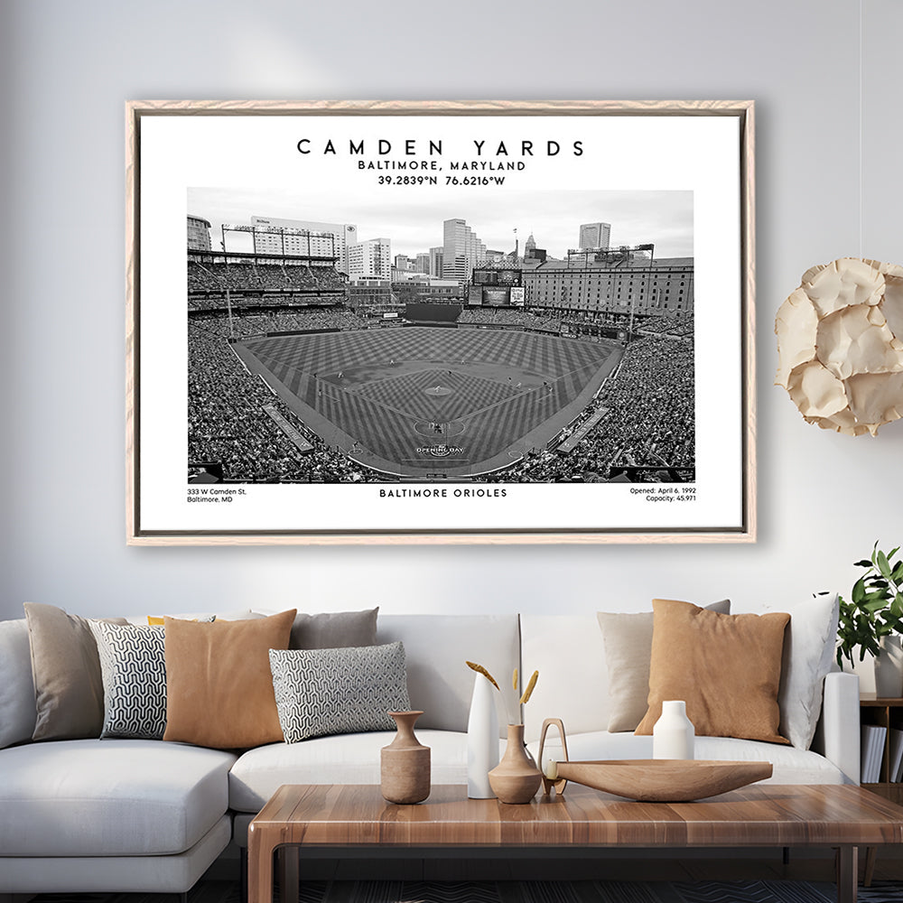 Camden Yards Stadium Black And White, Baltimore Baseball Stadium, Oriole Park Art Print, Framed Canvas Print Wall Art