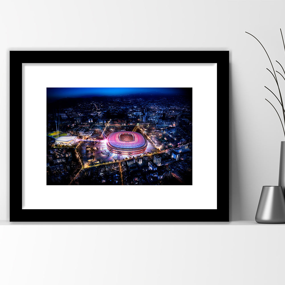 Camp Nou Aerial View, Stadium Canvas, Sport Art, Gift for him, White Border Framed Art Print Wall Decor