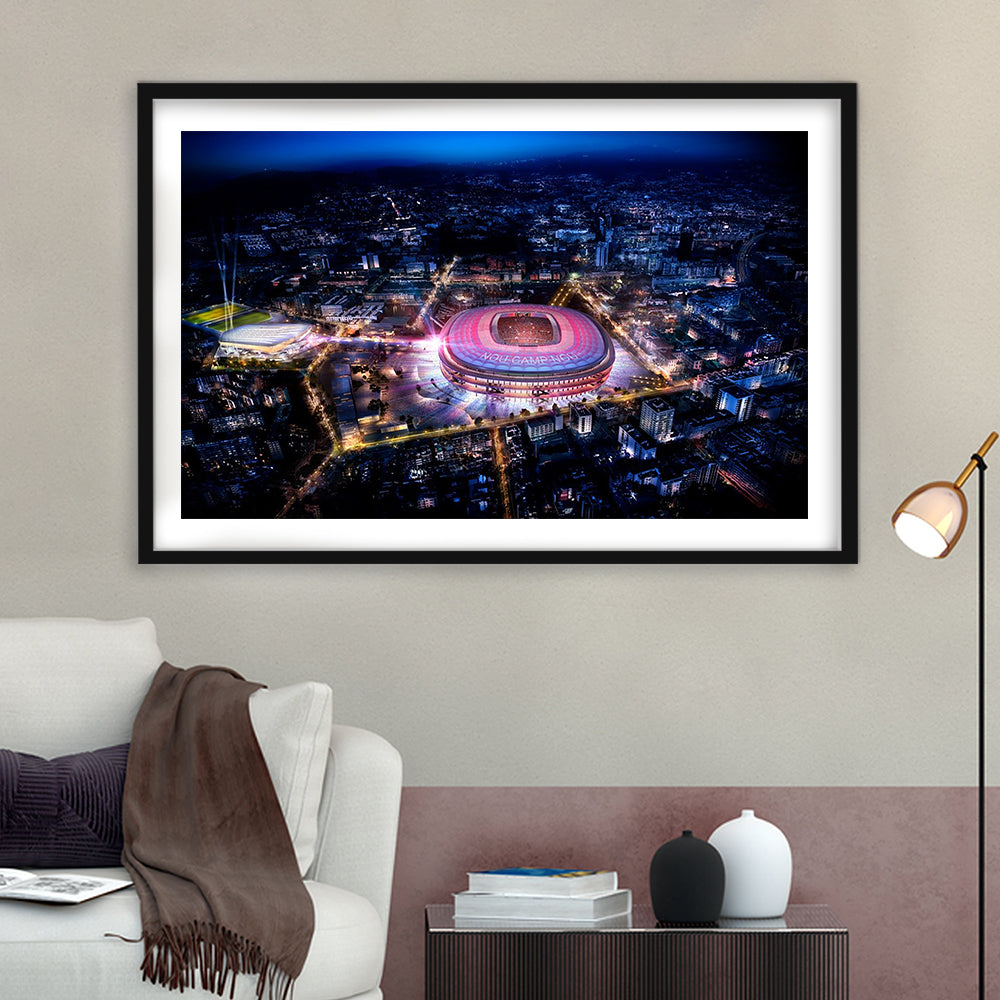Camp Nou Aerial View, Stadium Canvas, Sport Art, Gift for him, White Border Framed Art Print Wall Decor