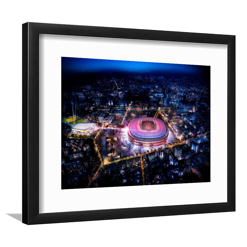 Camp Nou Aerial View, Stadium Canvas, Sport Art, Gift for him, White Border Framed Art Print Wall Decor