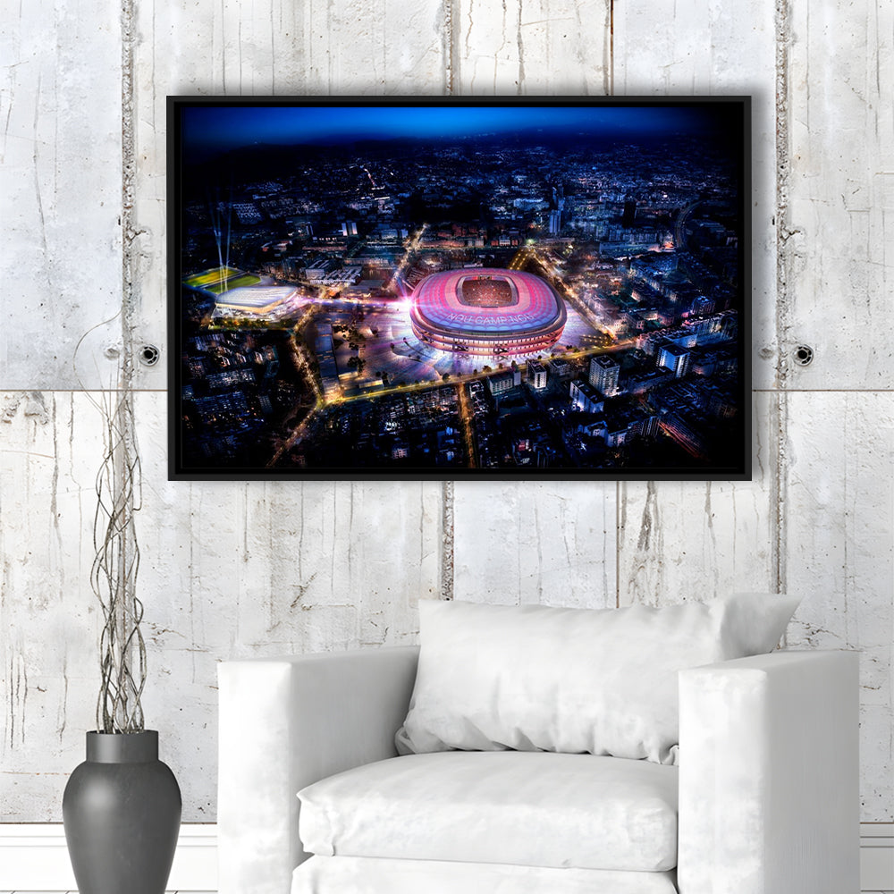 Camp Nou Aerial View, Stadium Canvas, Sport Art, Framed Canvas Print Wall Art, Floating Frame