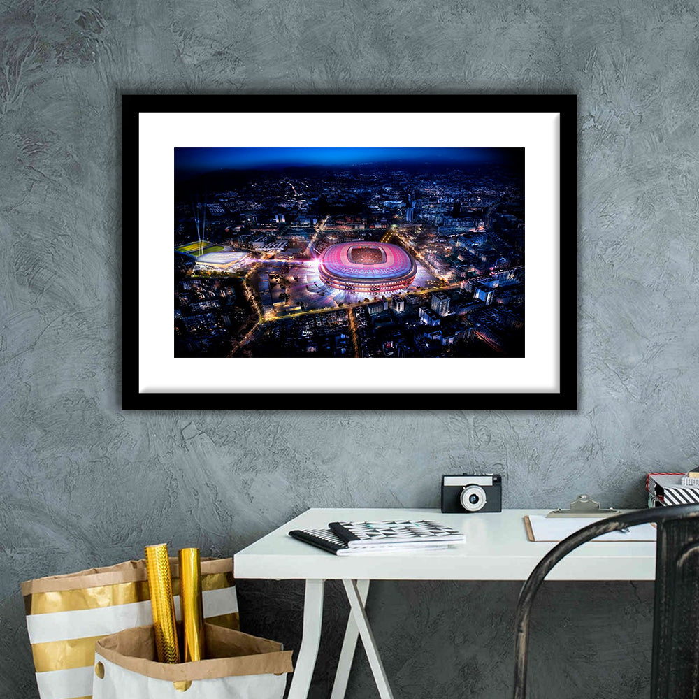 Camp Nou Aerial View, Stadium Canvas, Sport Art, Gift for him, White Border Framed Art Print Wall Decor