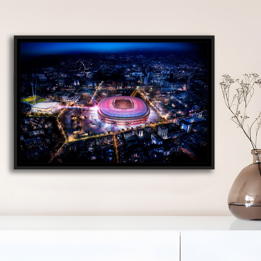 Camp Nou Aerial View, Stadium Canvas, Sport Art, Framed Canvas Print Wall Art, Floating Frame