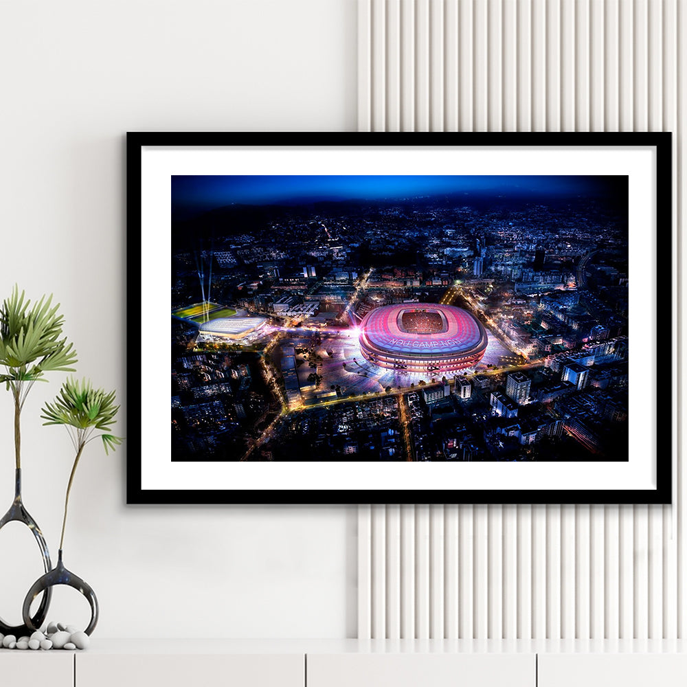 Camp Nou Aerial View, Stadium Canvas, Sport Art, Gift for him, White Border Framed Art Print Wall Decor