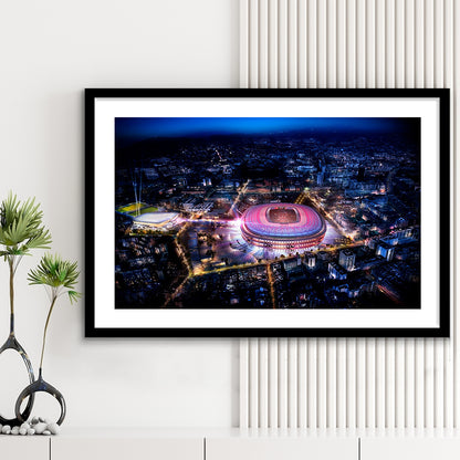Camp Nou Aerial View, Stadium Canvas, Sport Art, Gift for him, White Border Framed Art Print Wall Decor