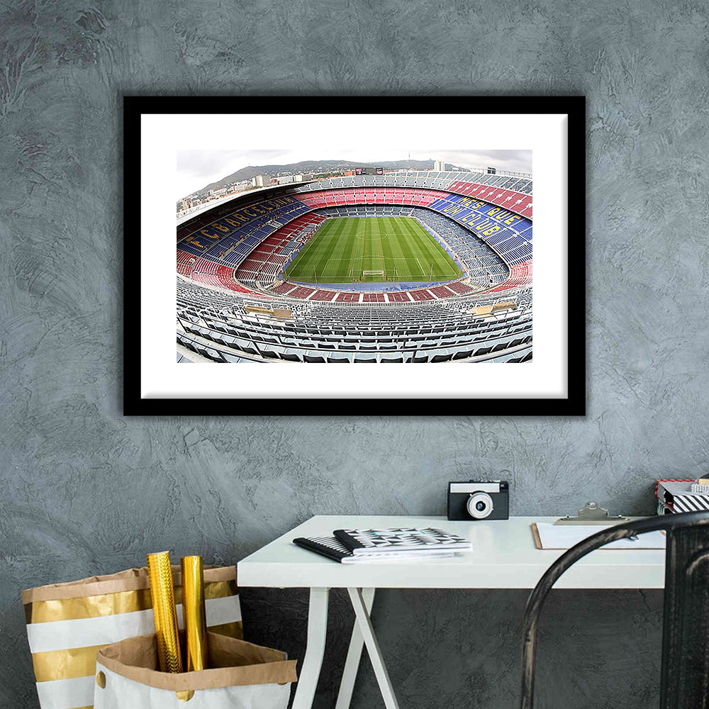 Camp Nou Football Stadium, Stadium Canvas, Sport Art, Gift for him, White Border Framed Art Print Wall Decor
