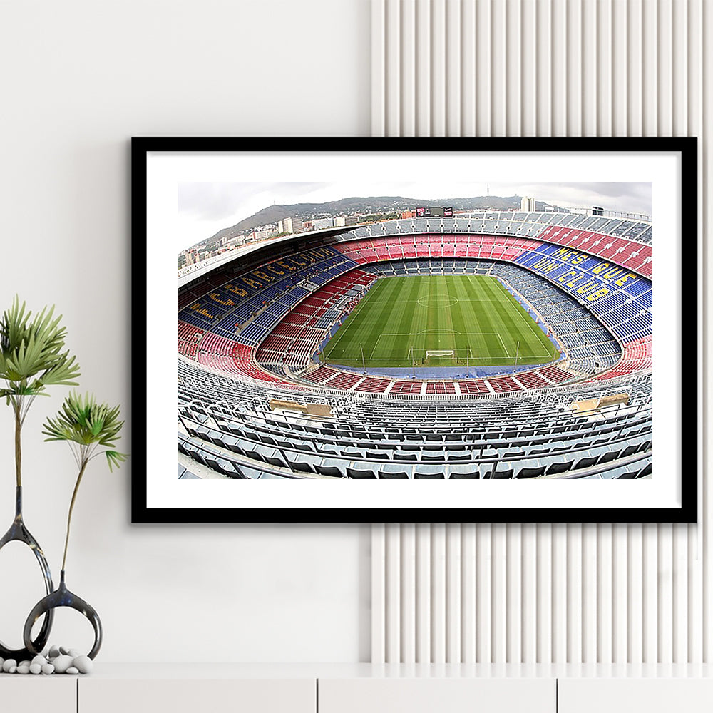 Camp Nou Football Stadium, Stadium Canvas, Sport Art, Gift for him, White Border Framed Art Print Wall Decor