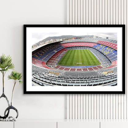 Camp Nou Football Stadium, Stadium Canvas, Sport Art, Gift for him, White Border Framed Art Print Wall Decor