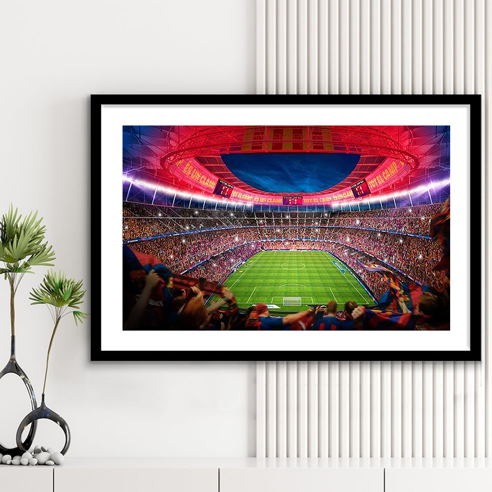 Camp Nou Stadium Football, Stadium Canvas, Sport Art, Gift for him, White Border Framed Art Print Wall Decor