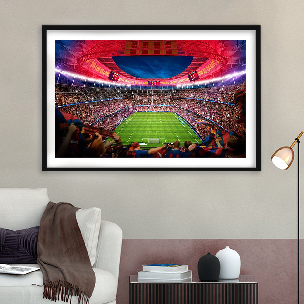 Camp Nou Stadium Football, Stadium Canvas, Sport Art, Gift for him, White Border Framed Art Print Wall Decor