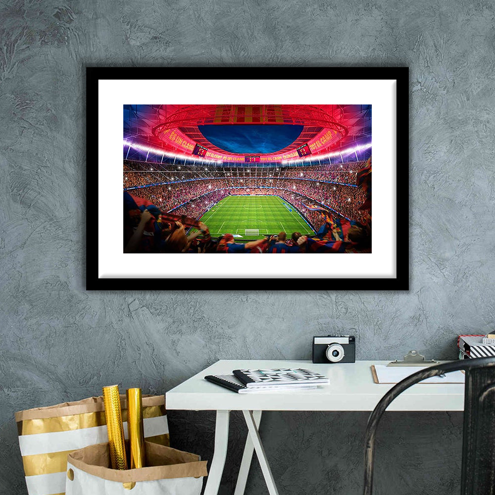 Camp Nou Stadium Football, Stadium Canvas, Sport Art, Gift for him, White Border Framed Art Print Wall Decor