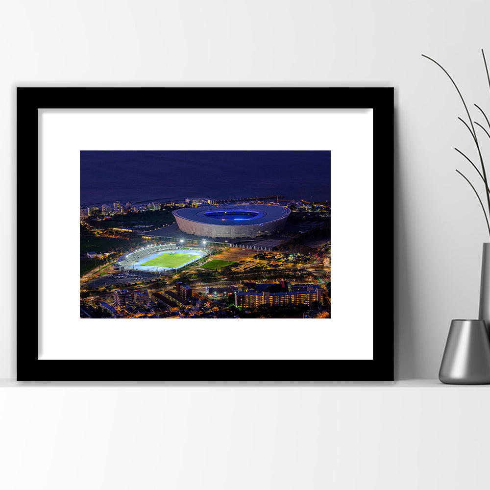 Cape Town Stadium at Night, Stadium Canvas, Sport Art, Gift for him, White Border Framed Art Print Wall Decor