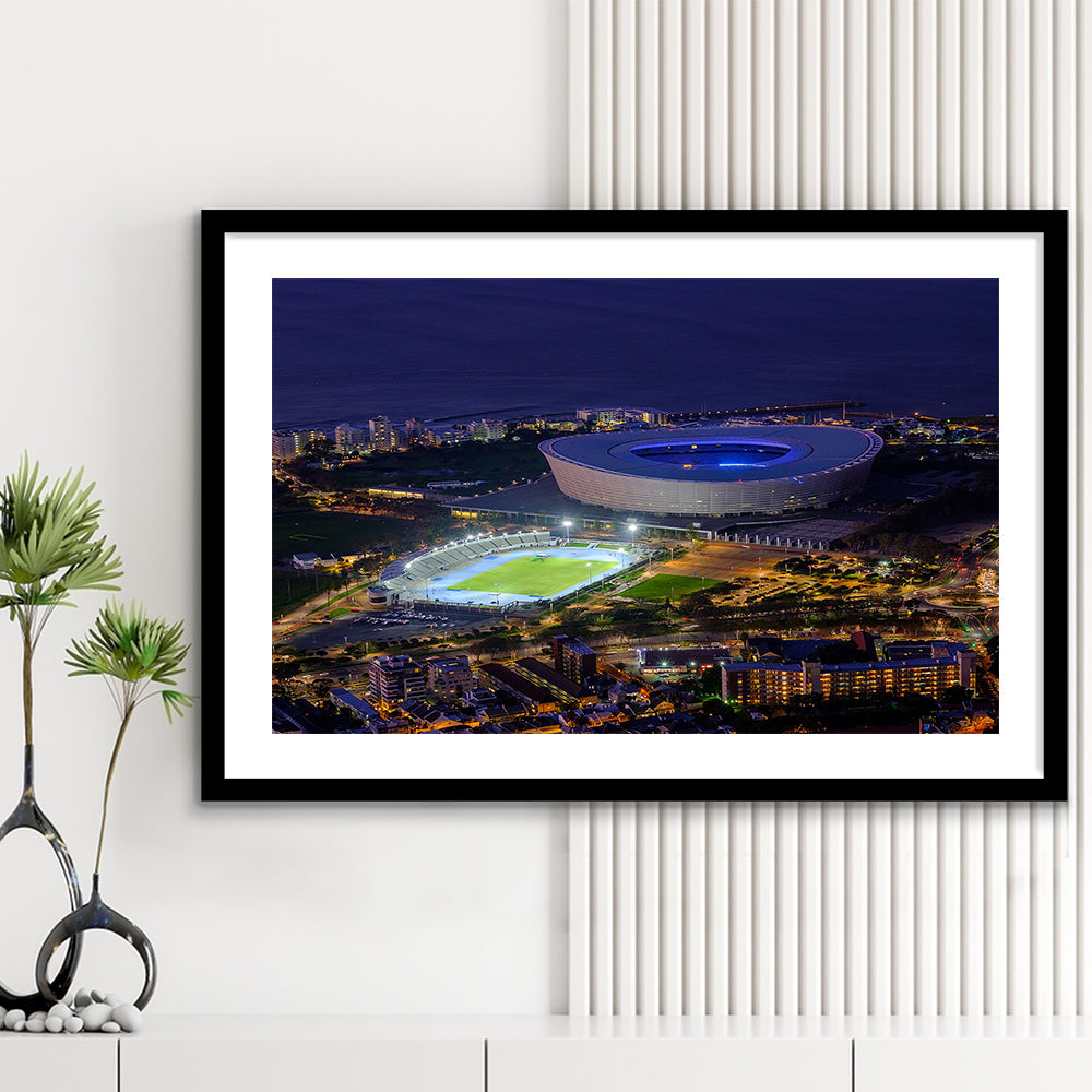 Cape Town Stadium at Night, Stadium Canvas, Sport Art, Gift for him, White Border Framed Art Print Wall Decor