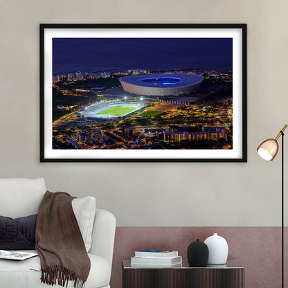 Cape Town Stadium at Night, Stadium Canvas, Sport Art, Gift for him, White Border Framed Art Print Wall Decor