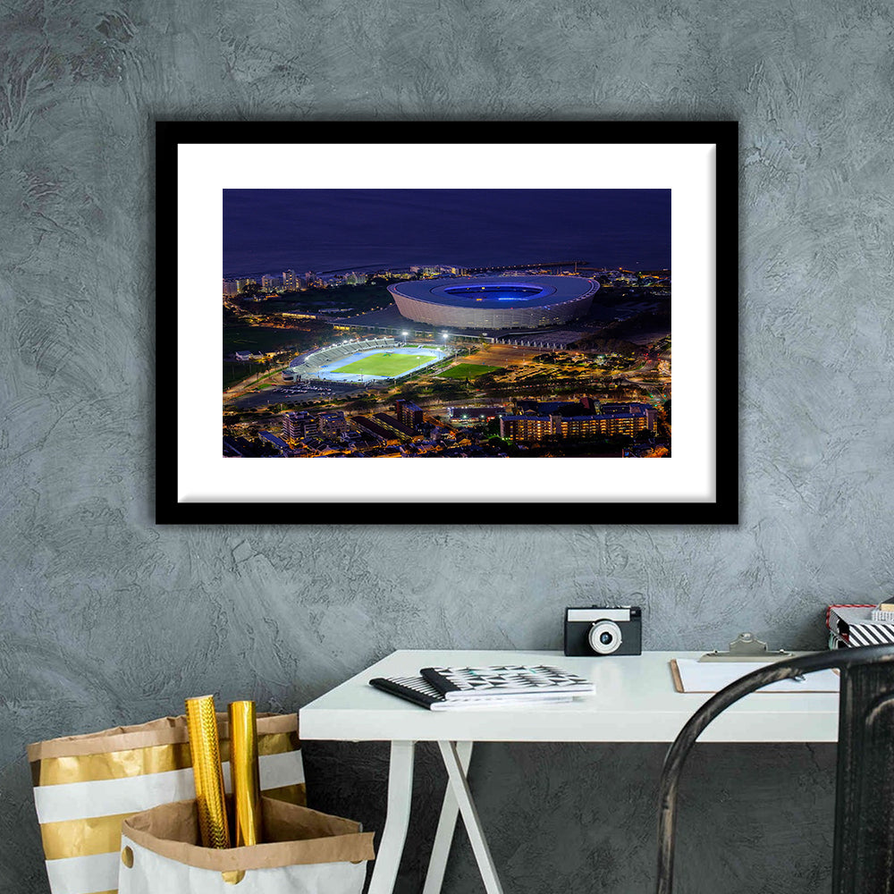 Cape Town Stadium at Night, Stadium Canvas, Sport Art, Gift for him, White Border Framed Art Print Wall Decor