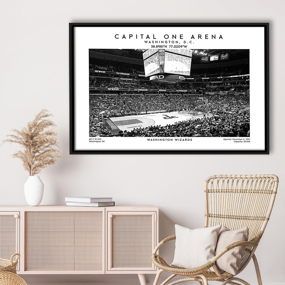 Capital One Arena Stadium Black And White, Washington Wizards Basketball Art Print, Framed Canvas Print Wall Art