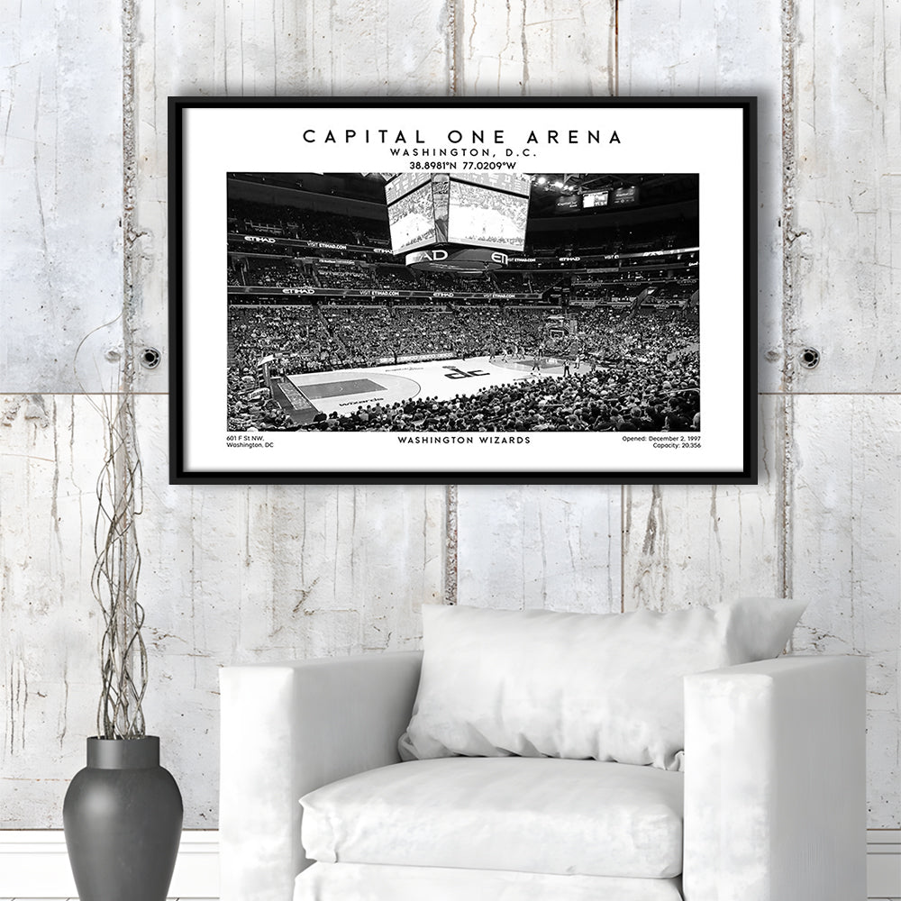 Capital One Arena Stadium Black And White, Washington Wizards Basketball Art Print, Framed Canvas Print Wall Art