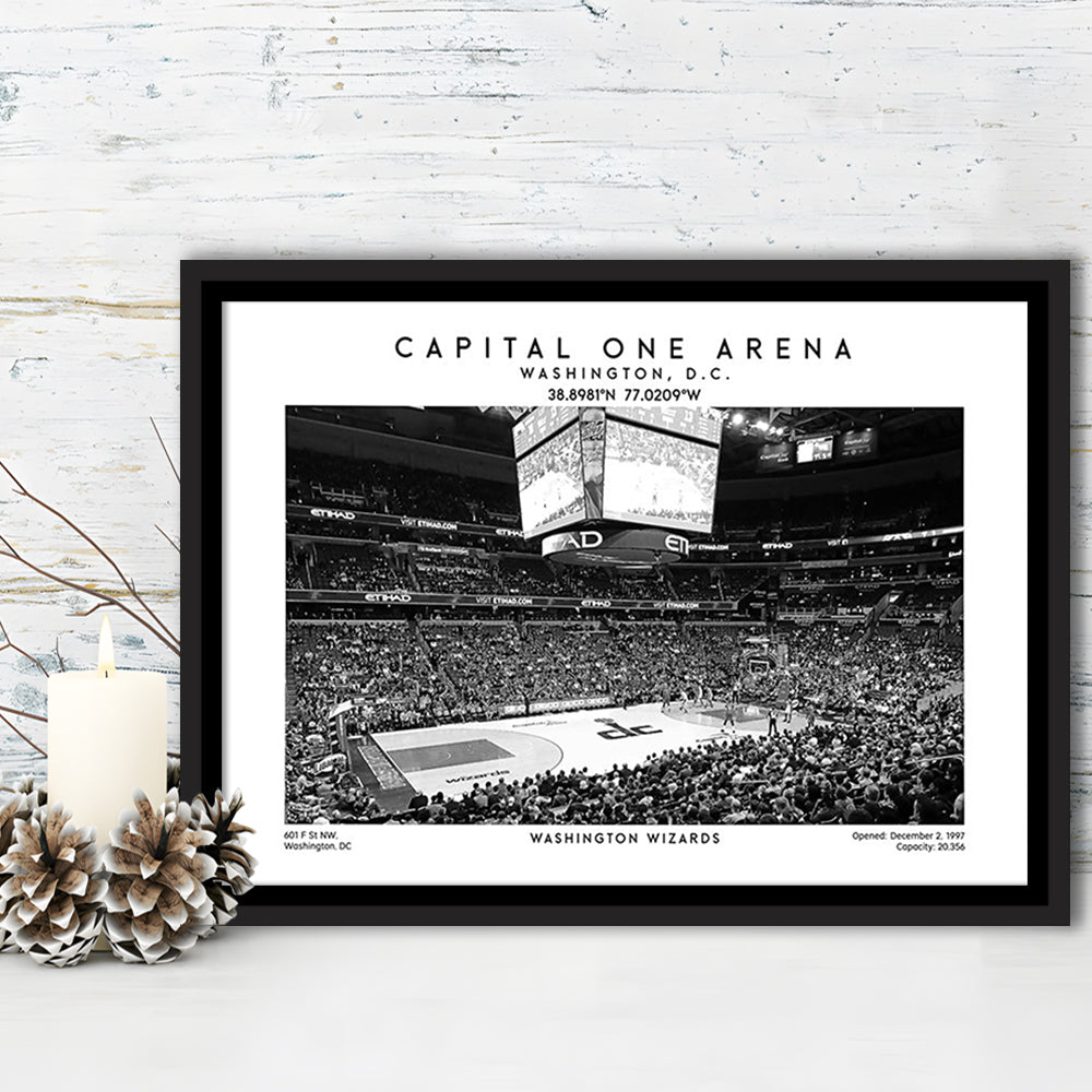 Capital One Arena Stadium Black And White, Washington Wizards Basketball Art Print, Framed Canvas Print Wall Art