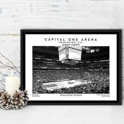Capital One Arena Stadium Black And White, Washington Wizards Basketball Art Print, Framed Canvas Print Wall Art