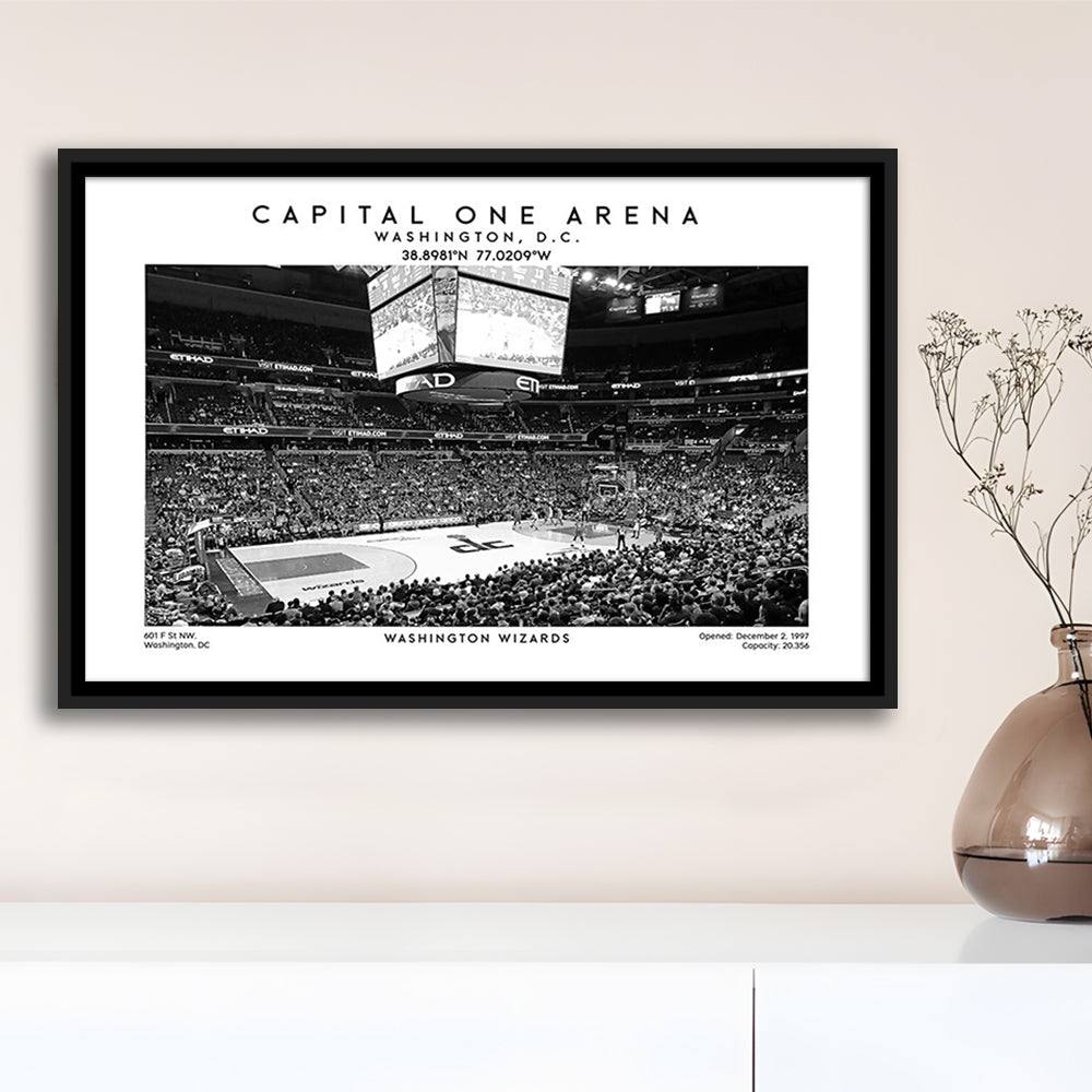 Capital One Arena Stadium Black And White, Washington Wizards Basketball Art Print, Framed Canvas Print Wall Art
