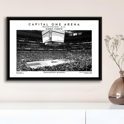 Capital One Arena Stadium Black And White, Washington Wizards Basketball Art Print, Framed Canvas Print Wall Art